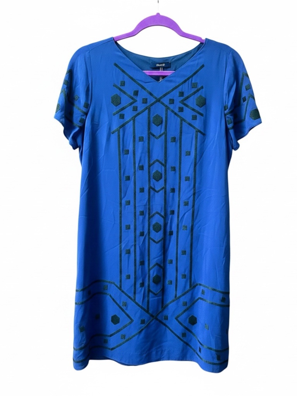 Madewell Navy/Black Embroidered Geometric Pattern 100% Silk Short-Sleeve Dress M